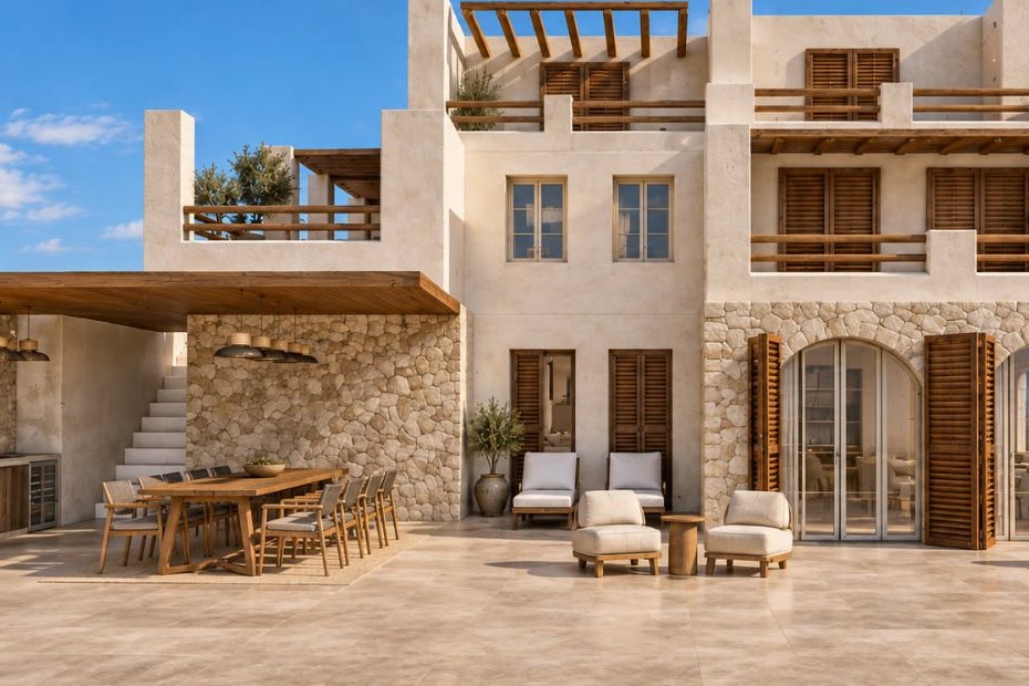 Design concept for ARIA: a cream plaster house with timber shutters, stone arches and a long table under a pergola