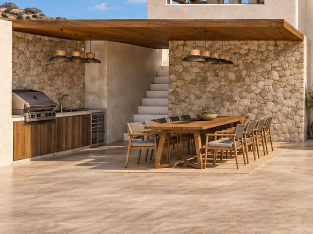 Design concept: a long timber table under a pergola beside a stone wall